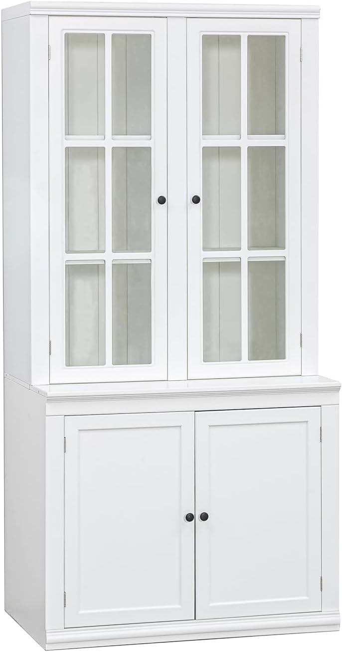 EMOBACO Display Cabinet with Double Glass Doors, 75.25'' Tall Bookcase for Books, Collectibles, Modern Hutch Cabinet for Hallways, Living Room, Bedroom, Home, Studio,Workspace,White
