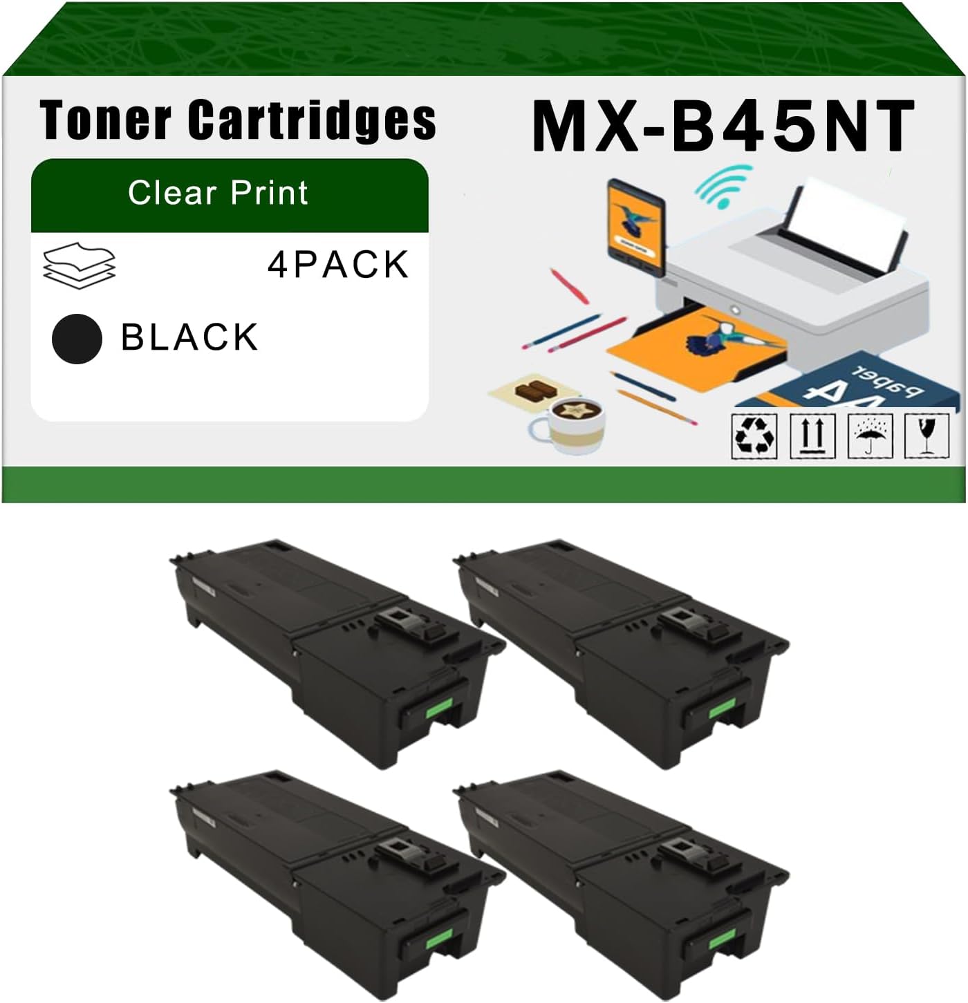 AGNNQ Compatible for Sharp MX-B45NT Toner Cartridges MX-B350P MX-B350W MX-B476WH Printers, High Yield 40000 Pages Bright Clear Colors (4 Pack Black)