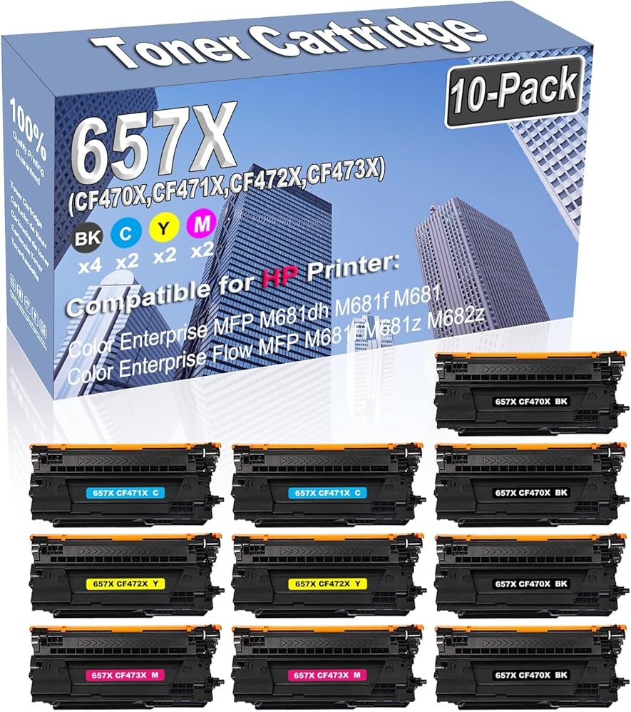 10-Pack (4BK/2C/2Y/2M) Compatible High Capacity 657X (CF470X CF471X CF472X CF473X) Color Toner Cartridge use for HP Color Enterprise MFP M681dh M681f M681 Printer