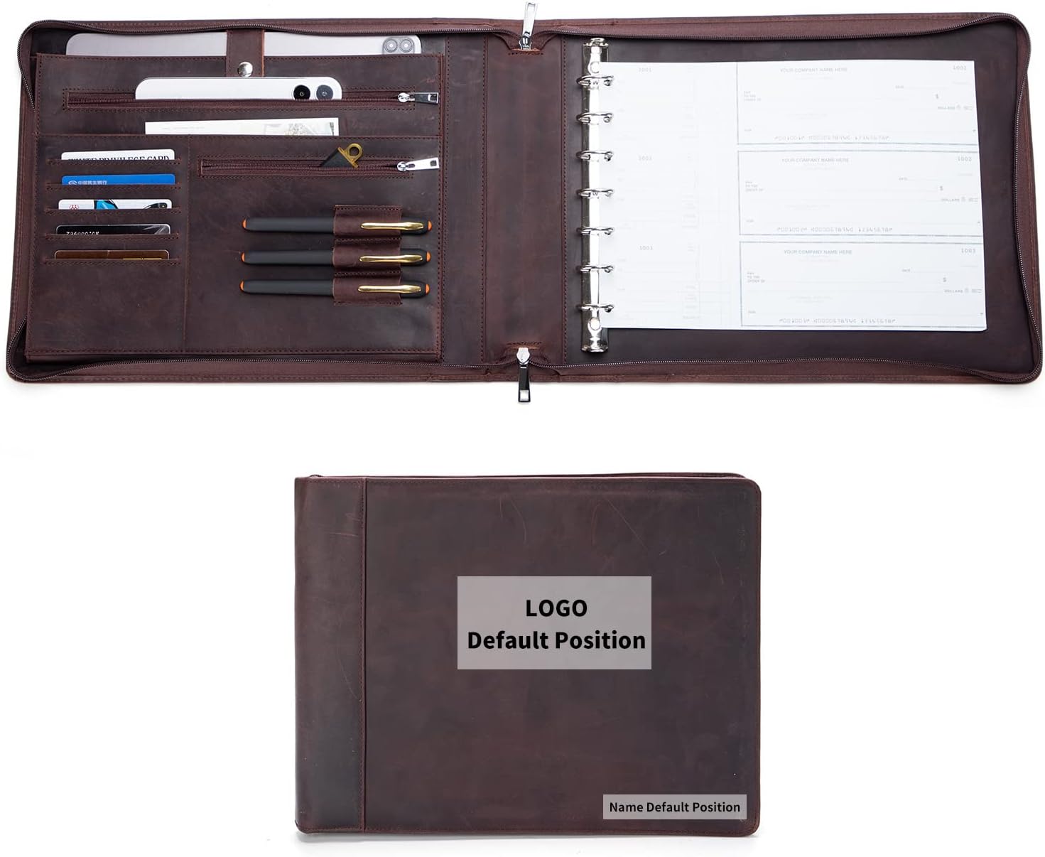 Geslun Custom 7 Ring Check Binder, Engraved Genuine Leather Business Checkbook Cover Holder, 3-On-A-Page for 600 Checks (9 x 13”), Desk Commercial Cheque Zippered Folder, Dark Brown