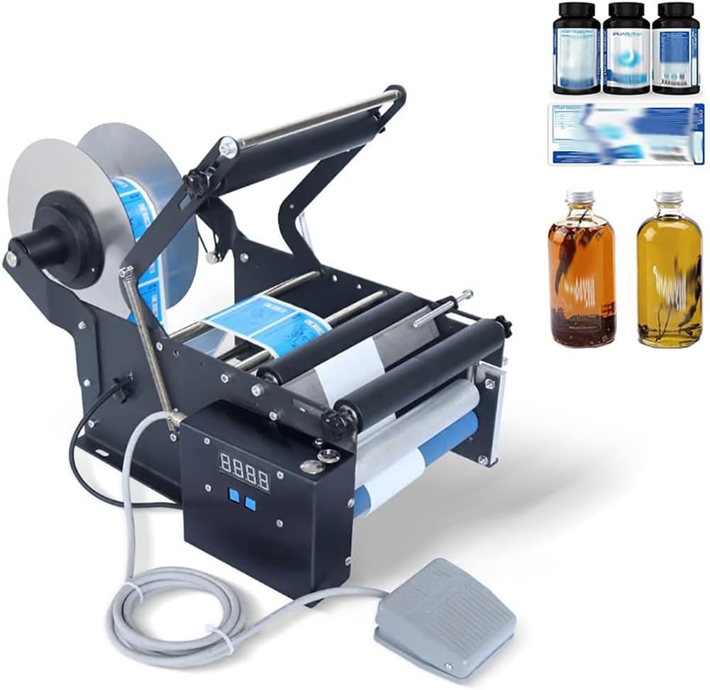 RENJJPBO Sticker Label Printer Packing Machine with Foot, Electric Round Bottle Labeling Machine Glass Plastic Bottle Label Applicator 30 pcs/min Bottle