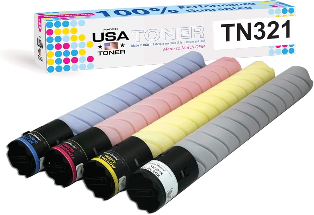 MADE IN USA TONER Compatible Replacement for use in Konica Minolta BizHub C224, C284, C364, C224e, C284e, C364e, TN321 (Cyan, Magenta, Yellow, Black, 4 pk)