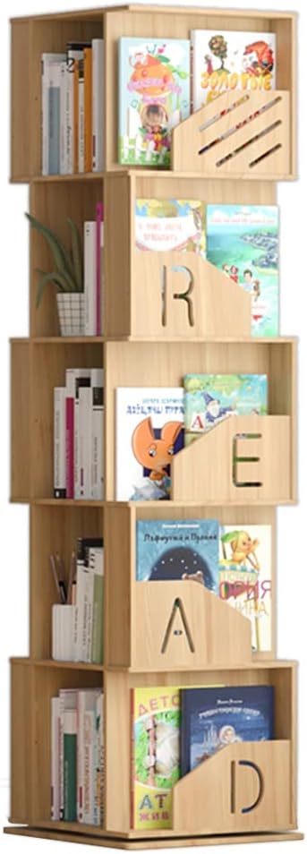 360°Rotating Bookshelf, Large-Capacity Bookcase for Children, Small Coffee Table Multi-Layer Storage Rack Floor Bookshelf (Color : Wood, Size : 5 Layers (43 * 164cm))