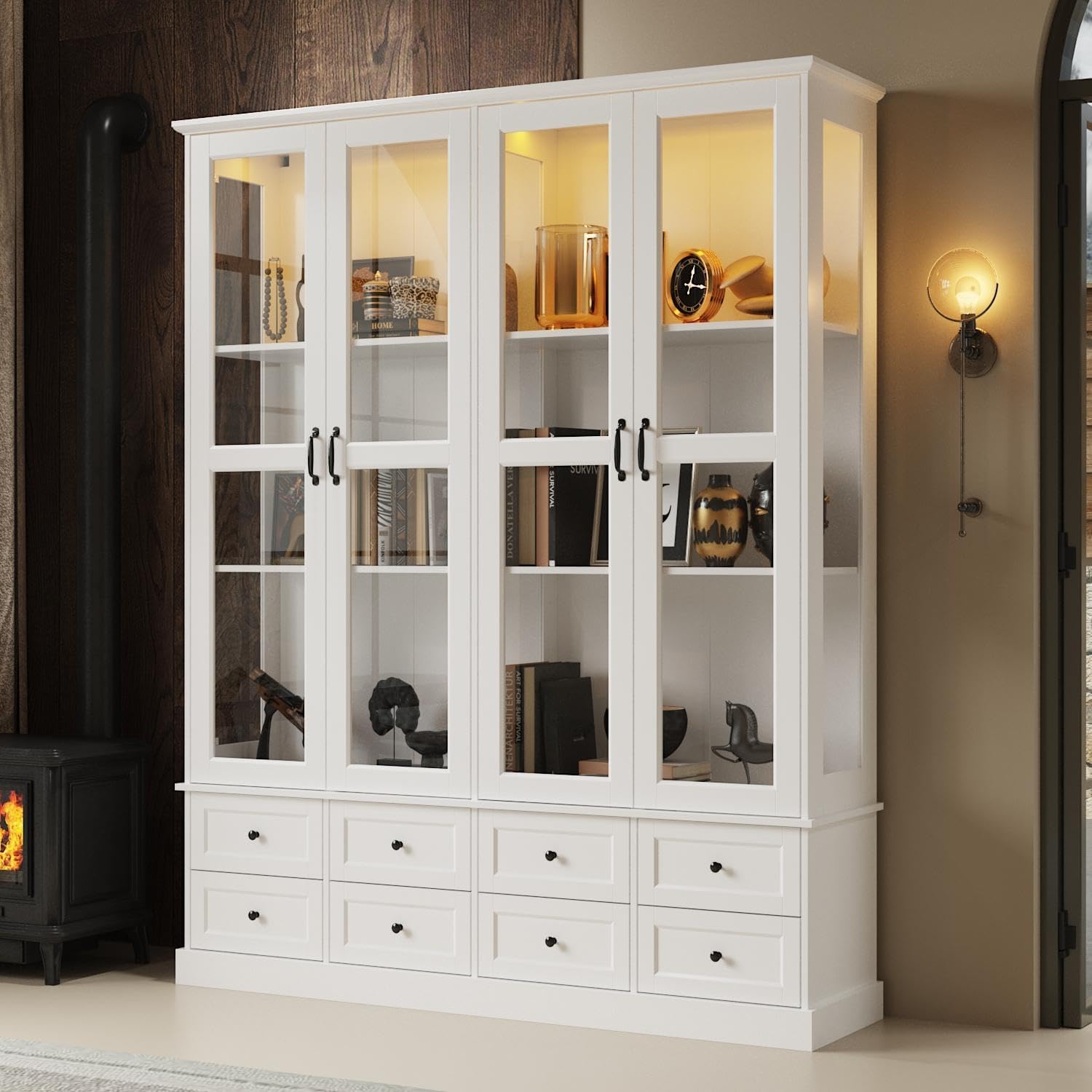 TAMUNE Display Cabinet with Lights, Bookcase Display Case Cabinet with 4 Glass Doors and 8 Drawers, 3-Tier Shelves, for Collectible, White, 15.7”D x 63”W x 78.7”H
