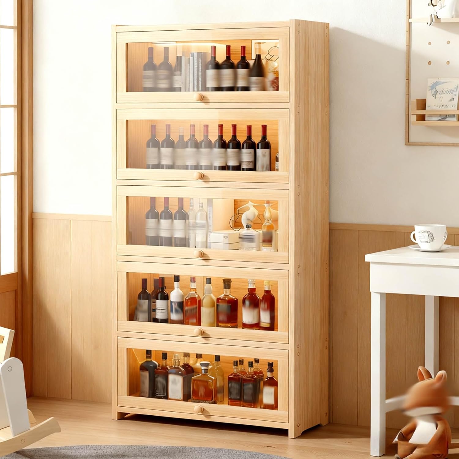 MBBTAG Display Cabinet with Transparent Acrylic Door, Pine Wood Floor Standing Bookcase for Collectibles, Storage Cabinet for Living Room, Office, Bedroom Display Shelf(60x28x164cm)