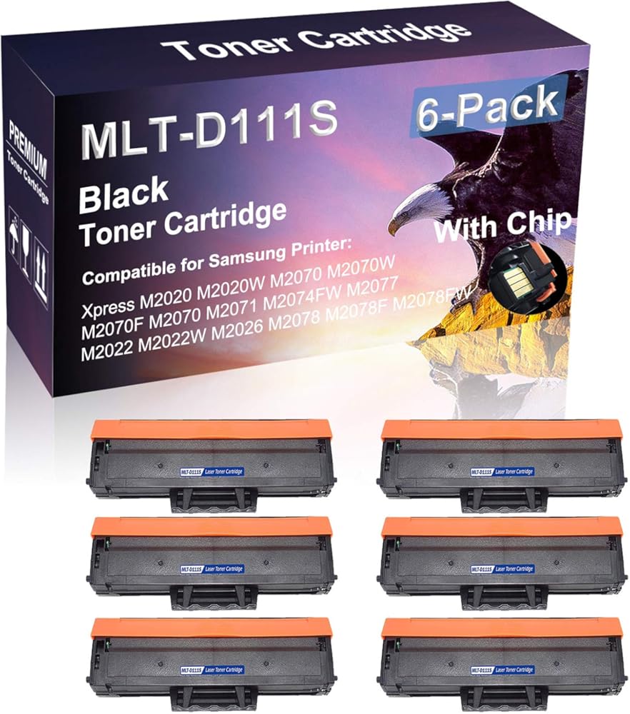 6 Pack (Black) with Chip Compatible Laser Printer Cartridge (High Yield) Replacement for Samsung MLT-D111S D111S Imaging Cartridge for Samsung Xpress M2022 M2022W M2026 M2078 M2078F M2078FW Printer