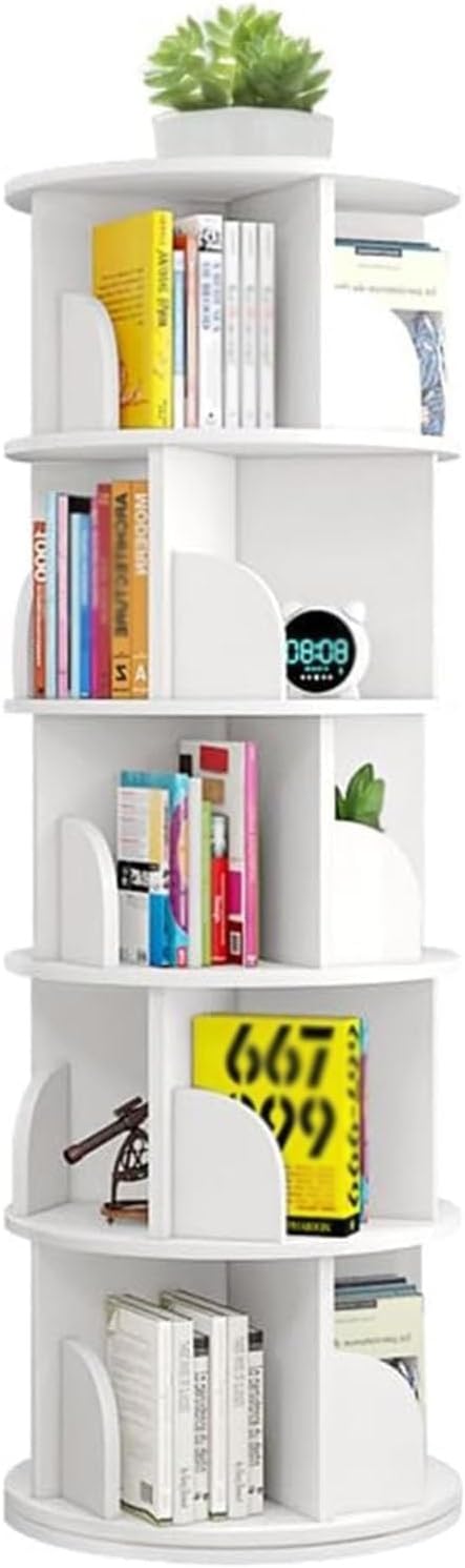 PAUANI Floor Standing Rotating Bookcase - 5 Tier Rotating Bookshelf, Multifunctional Countertop Hutch Organizer Rack, with Bulkhead Solid Storage Display Rack, for Living Room Home Office Books CDs
