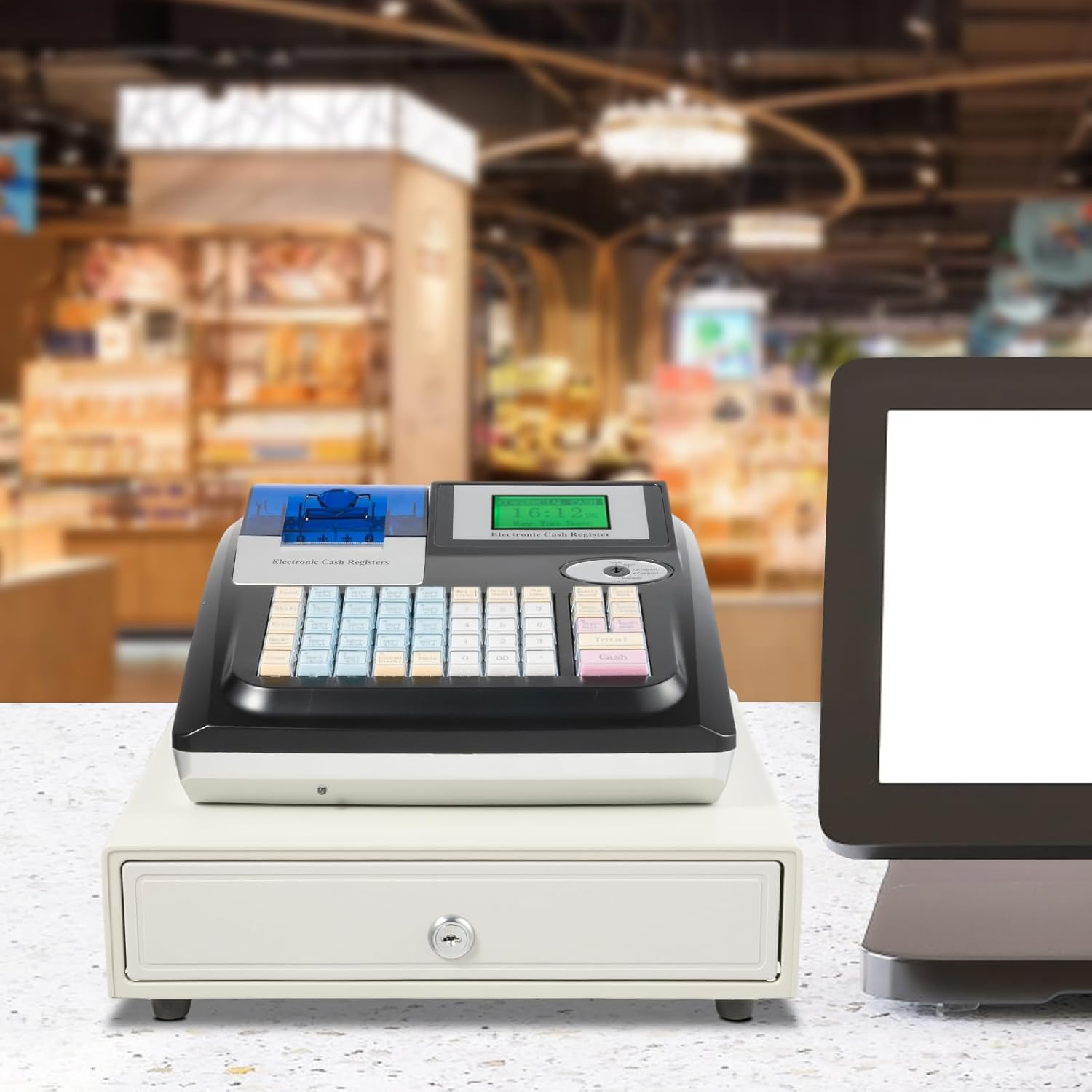 Cash Register for Small Businesses, Cash Management System, Electronic Commercial Cash Register Wireless, Electronic Pos System Cash Register 48 Keys LED Display for Retailers, Grocery Stores (Black)