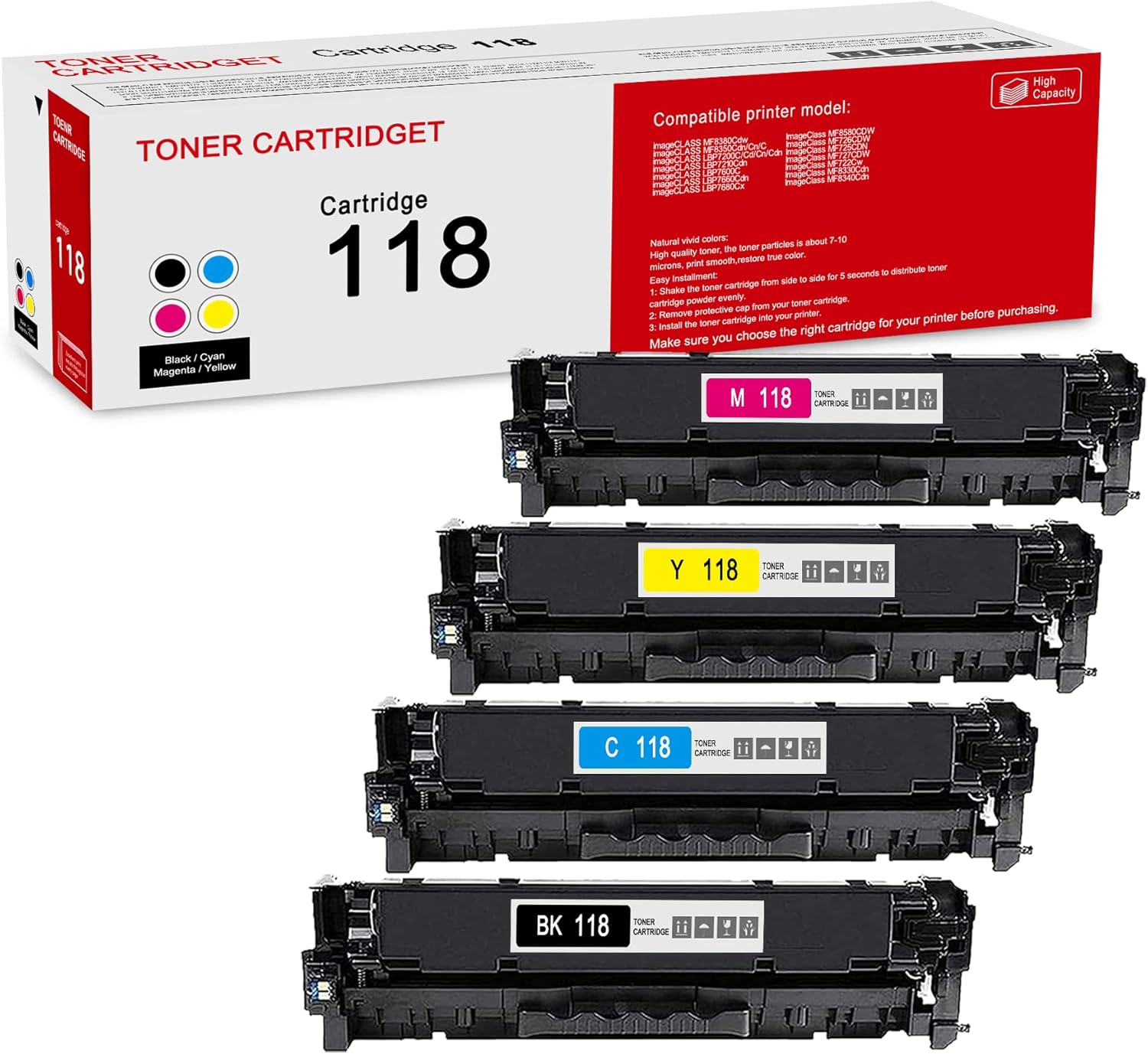 4 Pack 118 BK/C/M/Y Remanufactured Toner Cartridge: Compatible CRG 118 BK/C/M/Y Replacement for Canon Color imageCLASS MF8380Cdw LBP7210Cdn LBP7600C MF8580CDW MF726CDW Printer