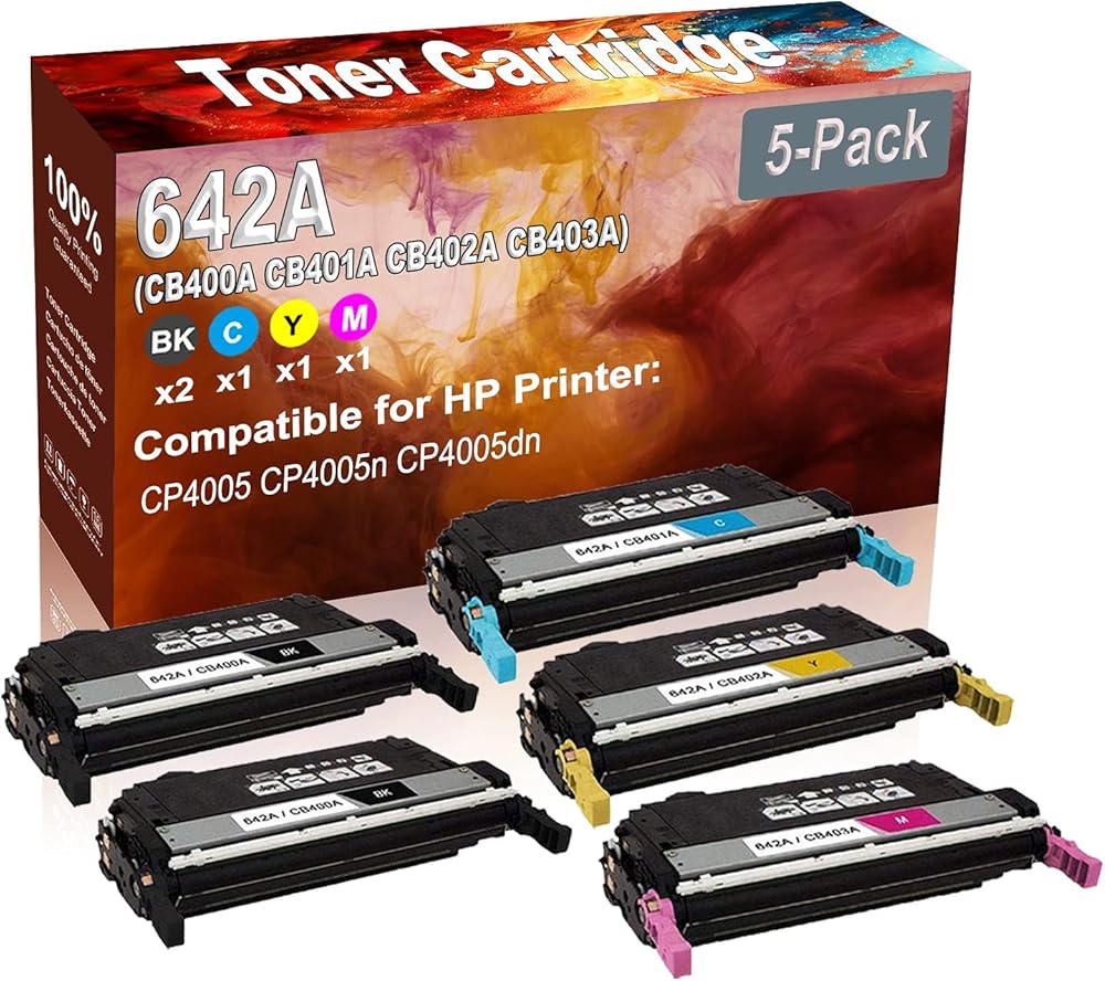 5-Pack (2BK+C+Y+M) Compatible High Yield 642A (CB400A CB401A CB402A CB403A) Printer Toner Cartridge use for HP CP4005 CP4005n CP4005dn Printers