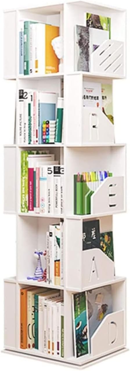 360° Rotating Bookshelf, Small Corner Bookcase 5-Layer Standing Bookcase White Wood Bookshelf Designed for Bedroom, Living Room
