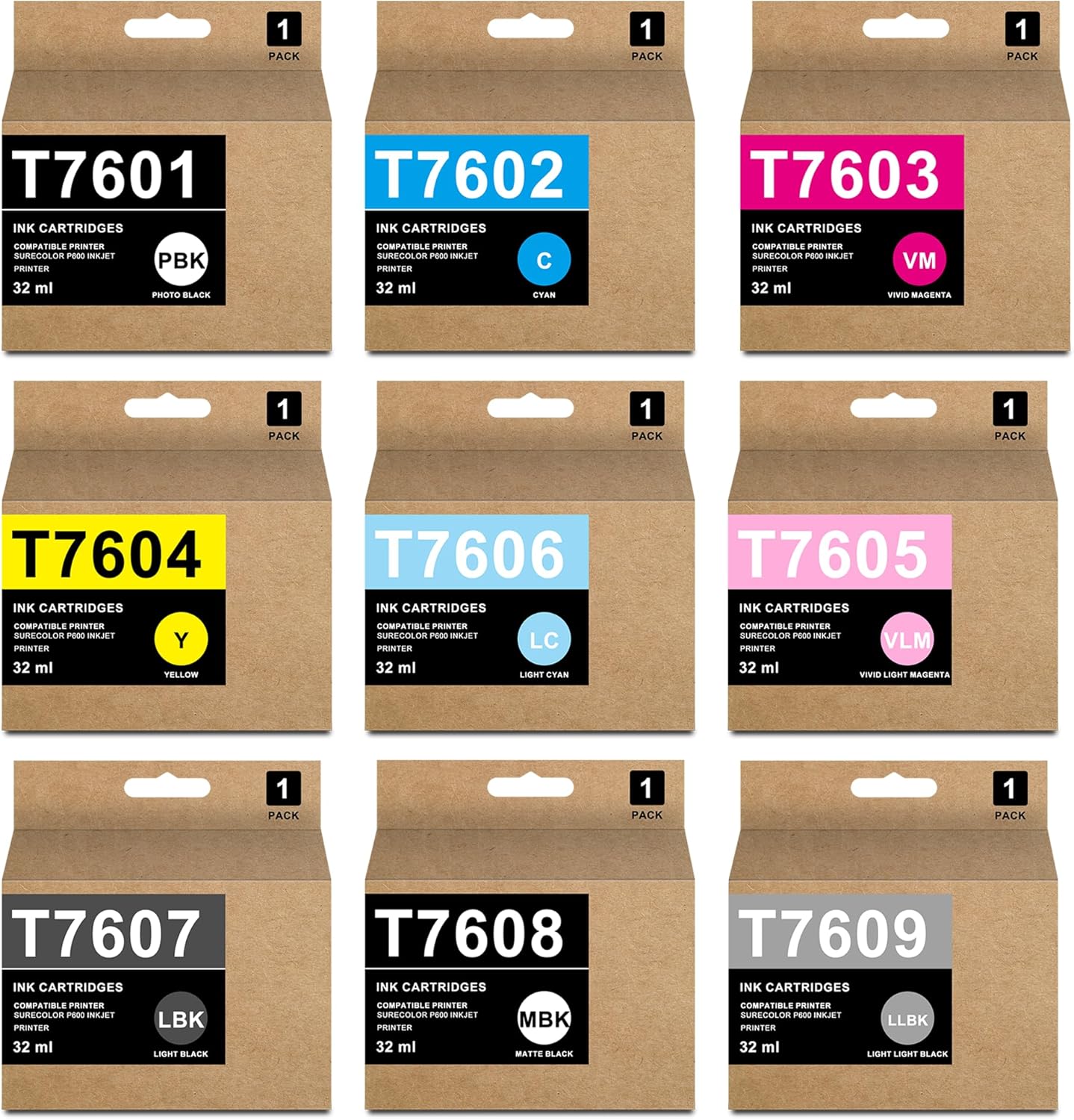 Remanufactured T760 Ink Cartridge Replacement for T7601 T7602 T7603 T7604 T7605 T7606 T7607 T7608 T7609 Ultrachrome HD Ink Set for Surecolor P600 Printer (9-Pack)