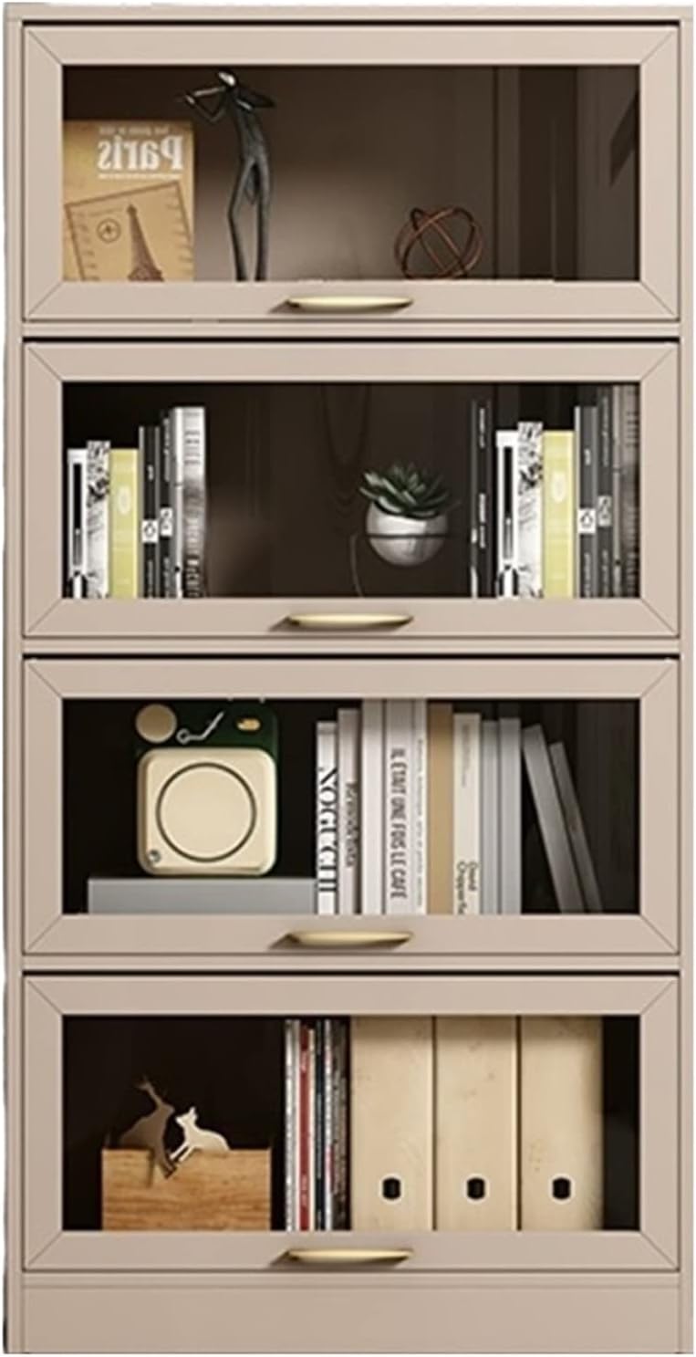 KIRANDY Dustproof Bookcase with Glass Door, Floor Flip Door Bookshelf Shelf for Living Room (60x35x156.8cm)