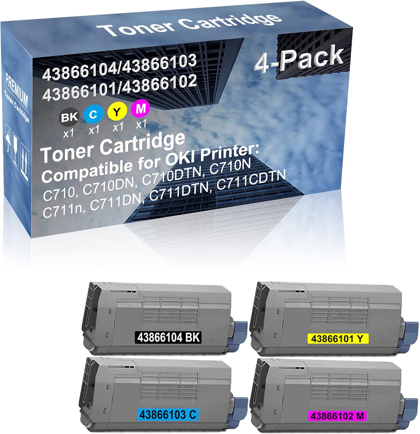 4-Pack (BK+C+Y+M) Compatible High Capacity 43866104+ 43866103+ 43866101+ 43866102 Toner Cartridge Used for C710, C710DN, C710DTN Printer