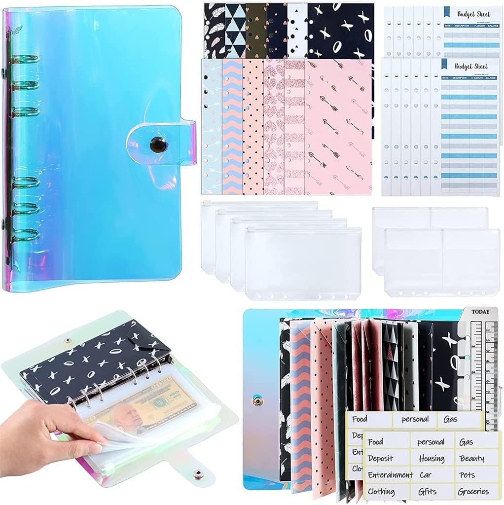 PSJVUR 34 Pcs Budget Binder Cash Envelope Planner System, with Money Envelopes,Expense Sheets, PVC Storage Bags, Labels, Ruler