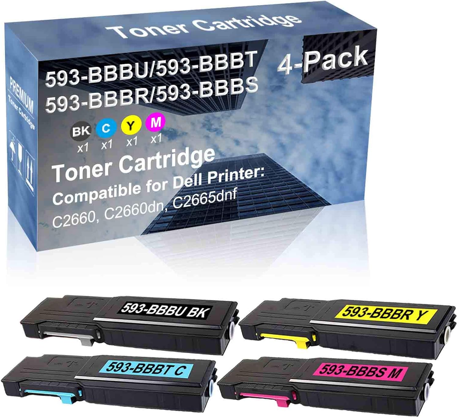 4-Pack (BK+C+Y+M) Compatible C2660, C2660dn, C2665dnf Printer Toner Cartridge High Capacity Replacement for Dell 593-BBBU+ 593-BBBT+ 593-BBBR+ 593-BBBS Toner Cartridge