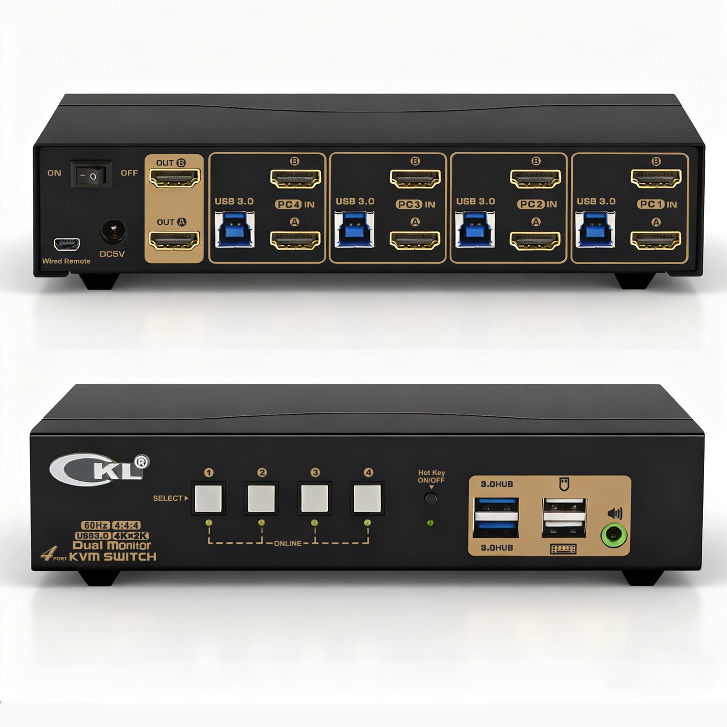 CKL KVM Switch Dual Monitor HDMI 4K@60Hz (2 Monitors 4 Computers 942HUA-3) for Home and Office to Console Desktops/Laptops, Support USB 3.0, Hot Key, Audio, Wireless Keyboard and Mouse