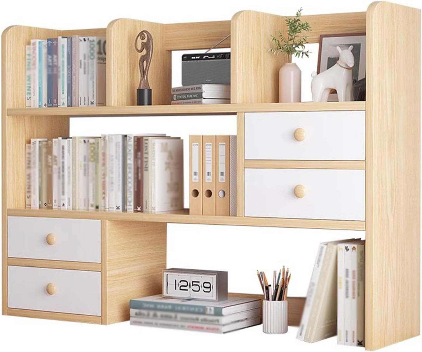 PSLYHTJ 3-Tier Desktop Bookcase Organizer Shelves with 4 Drawers, Wood Multipurpose Countertop Hutch Bookshelf, Desk Shelves for Top of Desk for Bedroom, Living Room, Home and Office