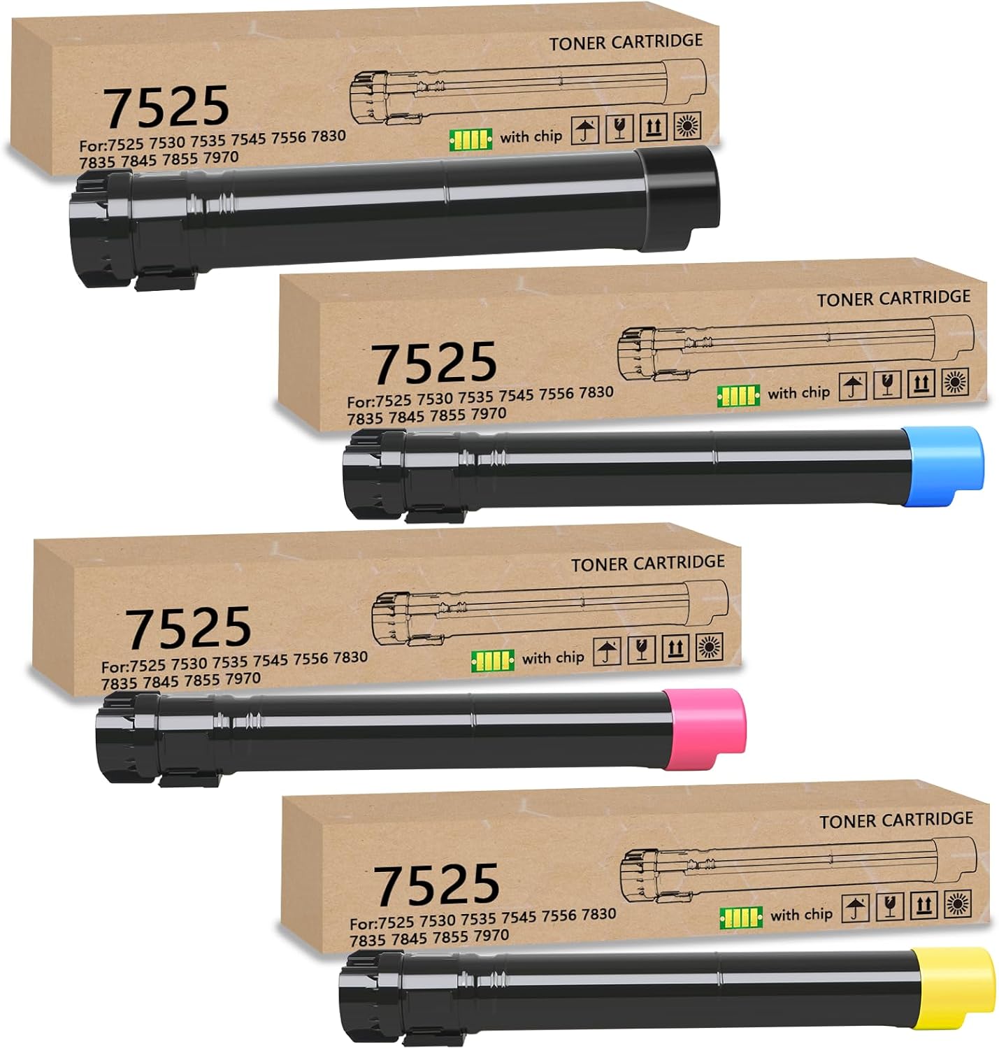 7525 Toner Cartridge with Chip High Yield Compatible with Xerox WorkCentre 7525 7835 7845 7855 7970 7830 7530 7535 7545 7556 Printers(4 Packs, Black Cyan Magenta Yellow)
