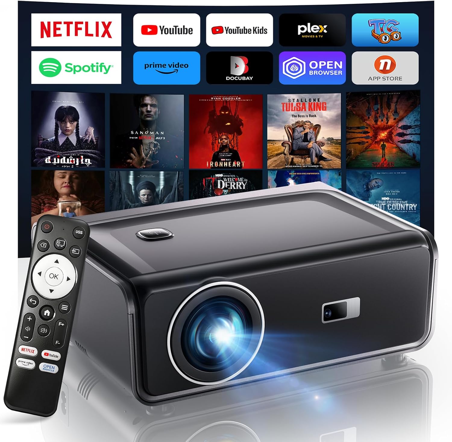 【Compatible with Netflix/High Brightness】Smart Projector with WiFi 6 and Bluetooth 5.3, 4K Outdoor Movie Projector with Auto Focus & Keystone, Dolby Audio, Portable Mini Proyector for Bedroom/Home