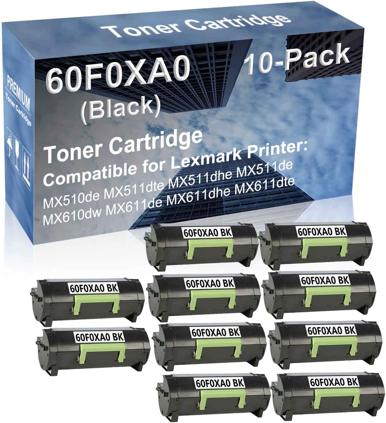 10-Pack Compatible High Yield MX611dhe MX611dte Printer Cartridge Replacement for 60F0XA0 Toner Cartridge (Black)