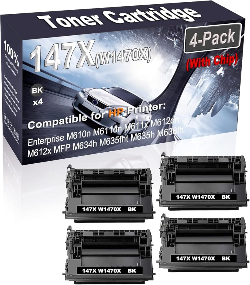 4-Pack (Black) Compatible High Yield 147X W1470X (with Chip) Printer Cartridge use for HP Enterprise M610n M611dn M611x M612dn M612x Printer
