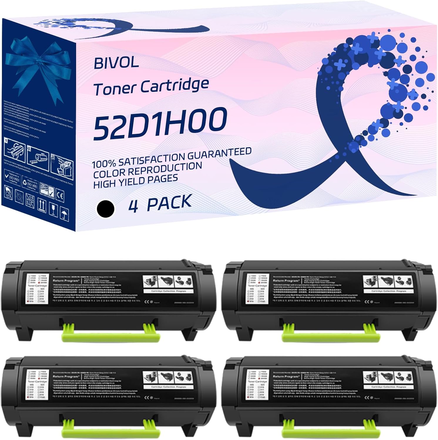 BIVOL 52D1H00 Toner Cartridge Compatible for Lexmark MS710dn MS711dn MS810de MS810dn Printers, with Chip, High Yield 35000 Pages, Vivid Colors (4 Pack Black)