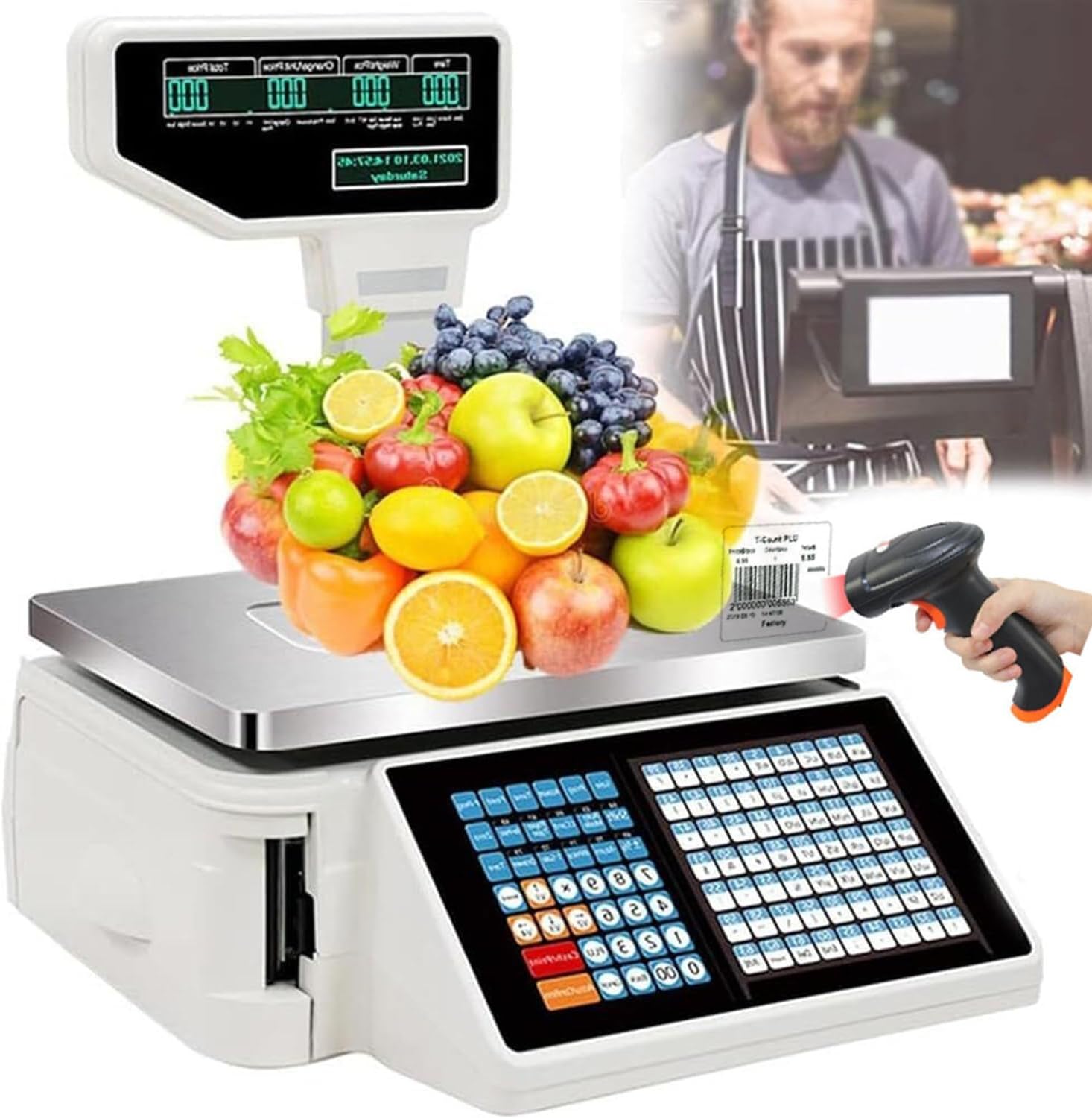 GEHPYYDS Price Label Printing Scale,Commercial Weight Calculator Barcode Scales,Electronics Barcode Thermal Printer,Double Sided Display,30kg/60lbs,Machine+Scanner