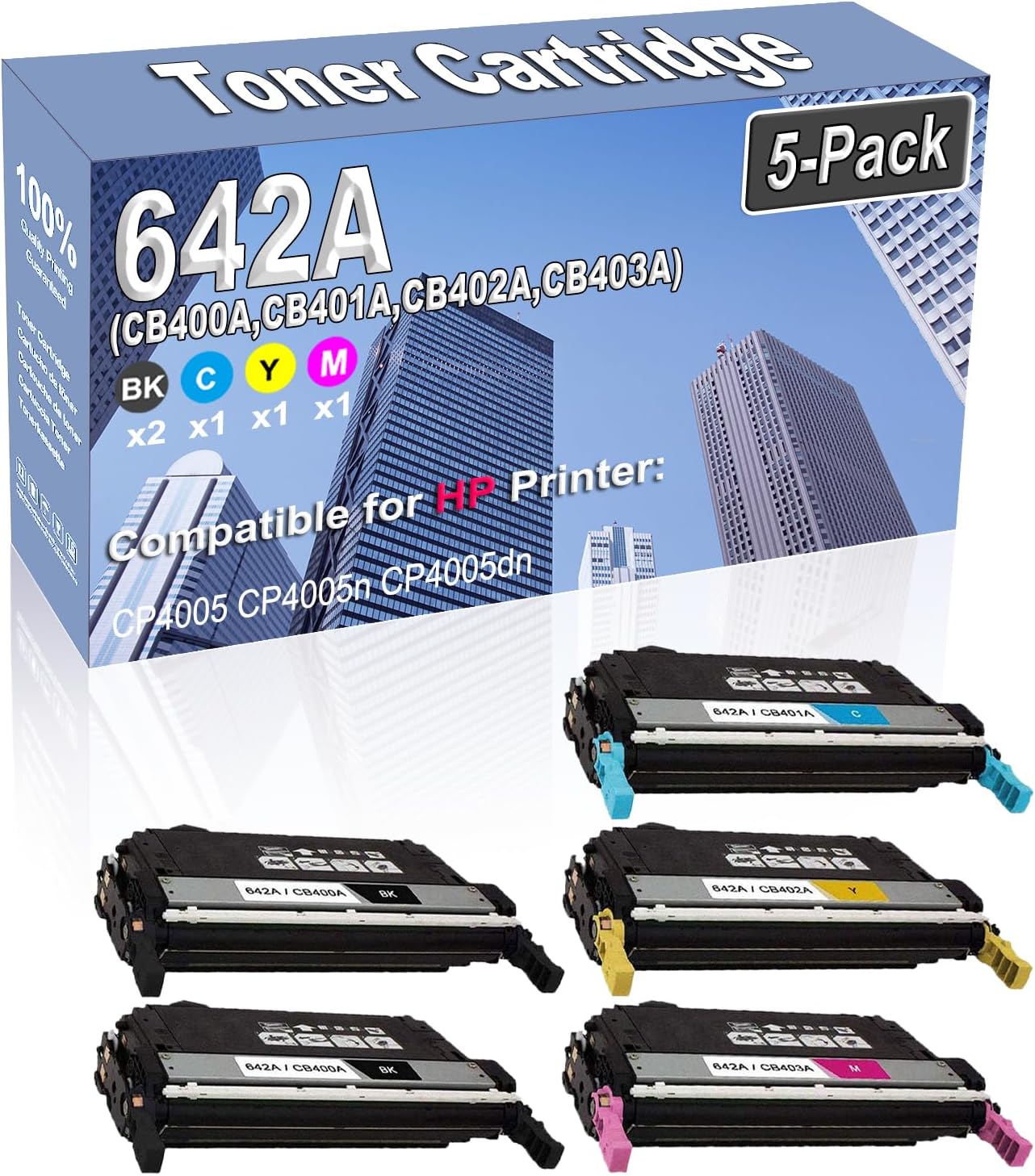 5-Pack (2BK/C/Y/M) Compatible High Capacity 642A (CB400A CB401A CB402A CB403A) Color Toner Cartridge use for HP CP4005 CP4005n CP4005dn Printer