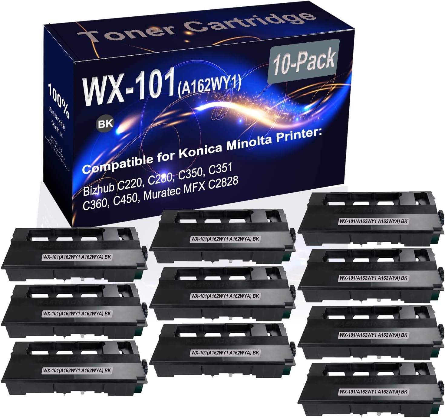 10-Pack (Black) Compatible High Yield WX101 WX-101 (A162WY1 A162WYA) Waste Toner Container Box use for Konica Minolta Bizhub C220 C280 C350 C351 C360 Printer