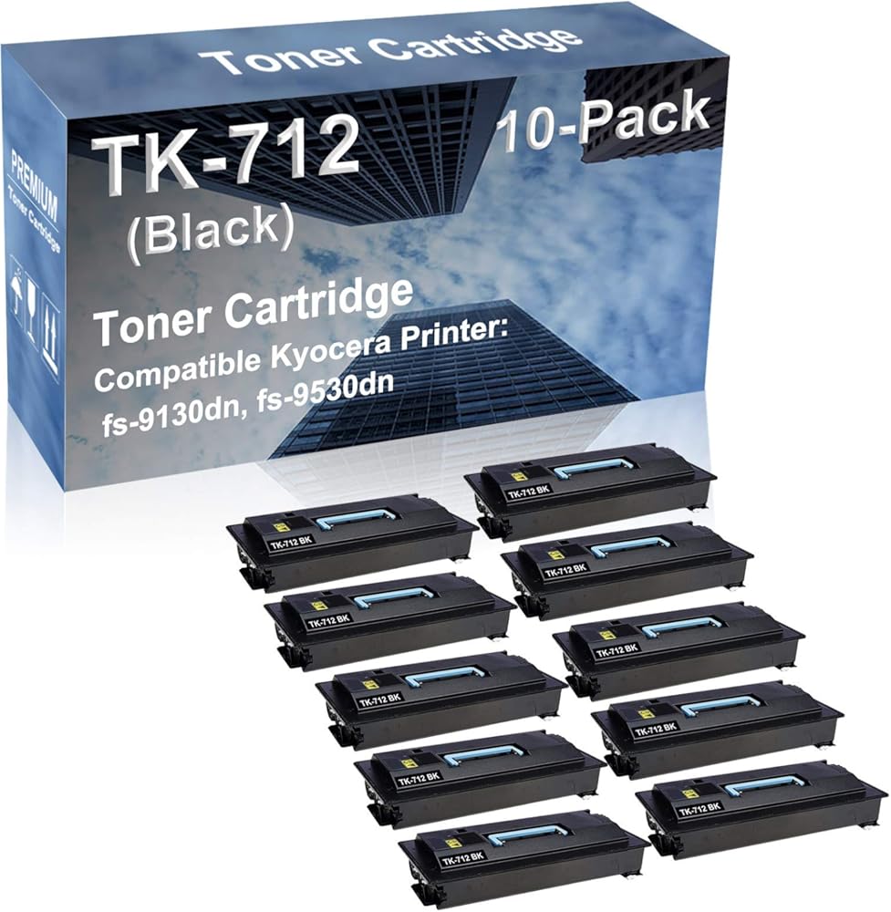 10-Pack Compatible High Capacity TK712 (TK-712) Toner Cartridge use for Kyocera fs-9130dn, fs-9530dn Printer (Black)