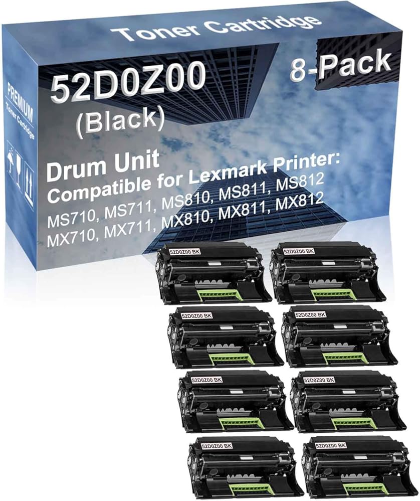 8-Pack (Black) Compatible MS812, MX710, MX711 Printer Drum Unit Replacement for Lexmark 52D0Z00 Drum Kit