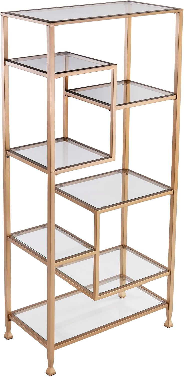 SEI Furniture Jaymes Metal/Glass Asymmetrical Étagère/Bookcase, Gold