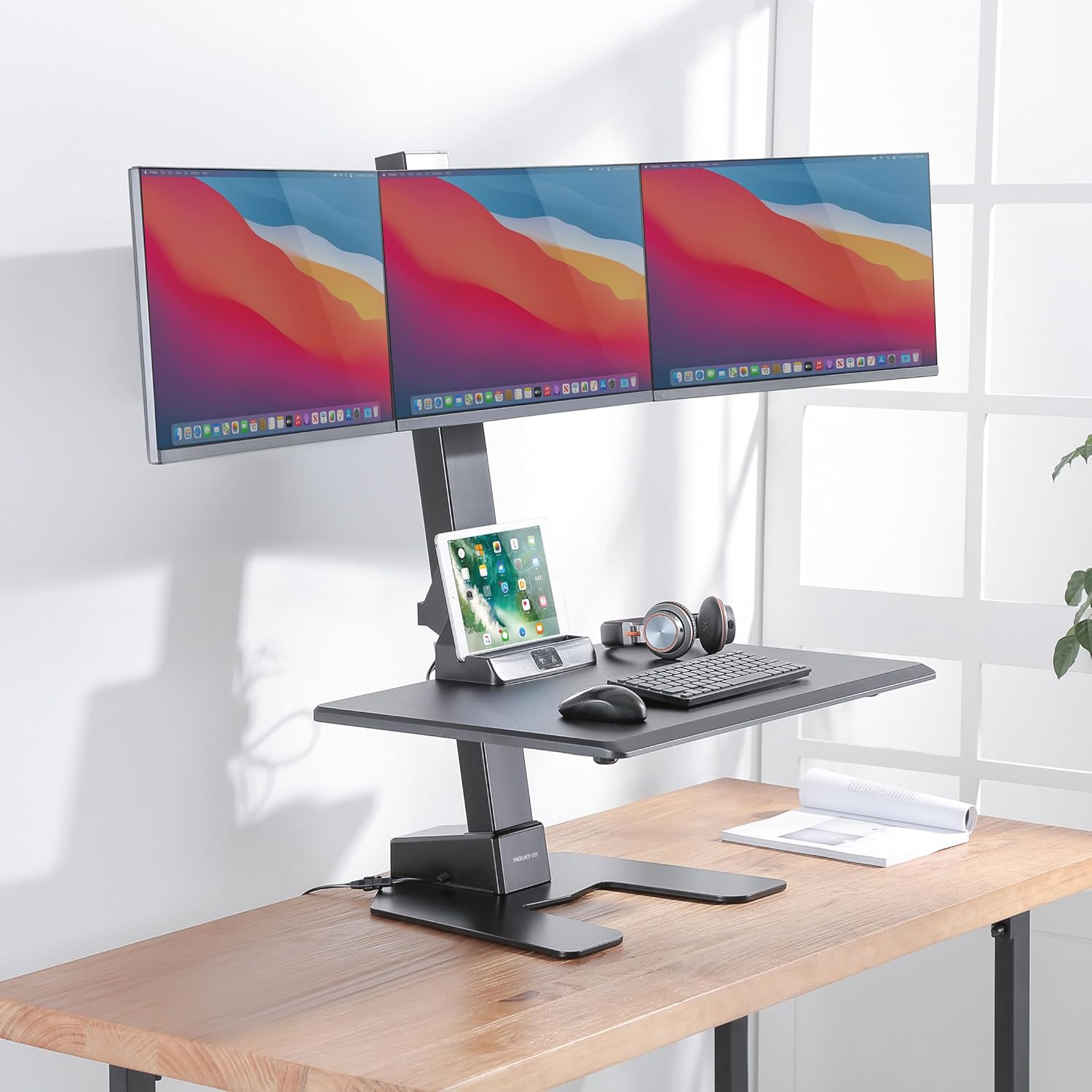 Mount-It! Triple Monitor Electric Standing Desk Converter - 3 Screens Stand Up Desk Riser - Height Adjustable Desktop & 3 Mounts for Screens up to 32
