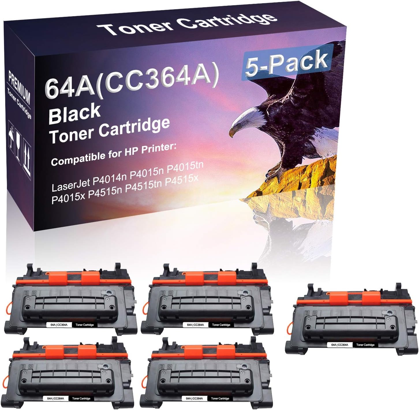 5 Pack (Black) Compatible Laser Printer Cartridge (High Yield) Replacement for HP 64A CC364A Imaging Cartridge Fit for HP Laserjet Pro P4014n P4015n P4015tn Printer