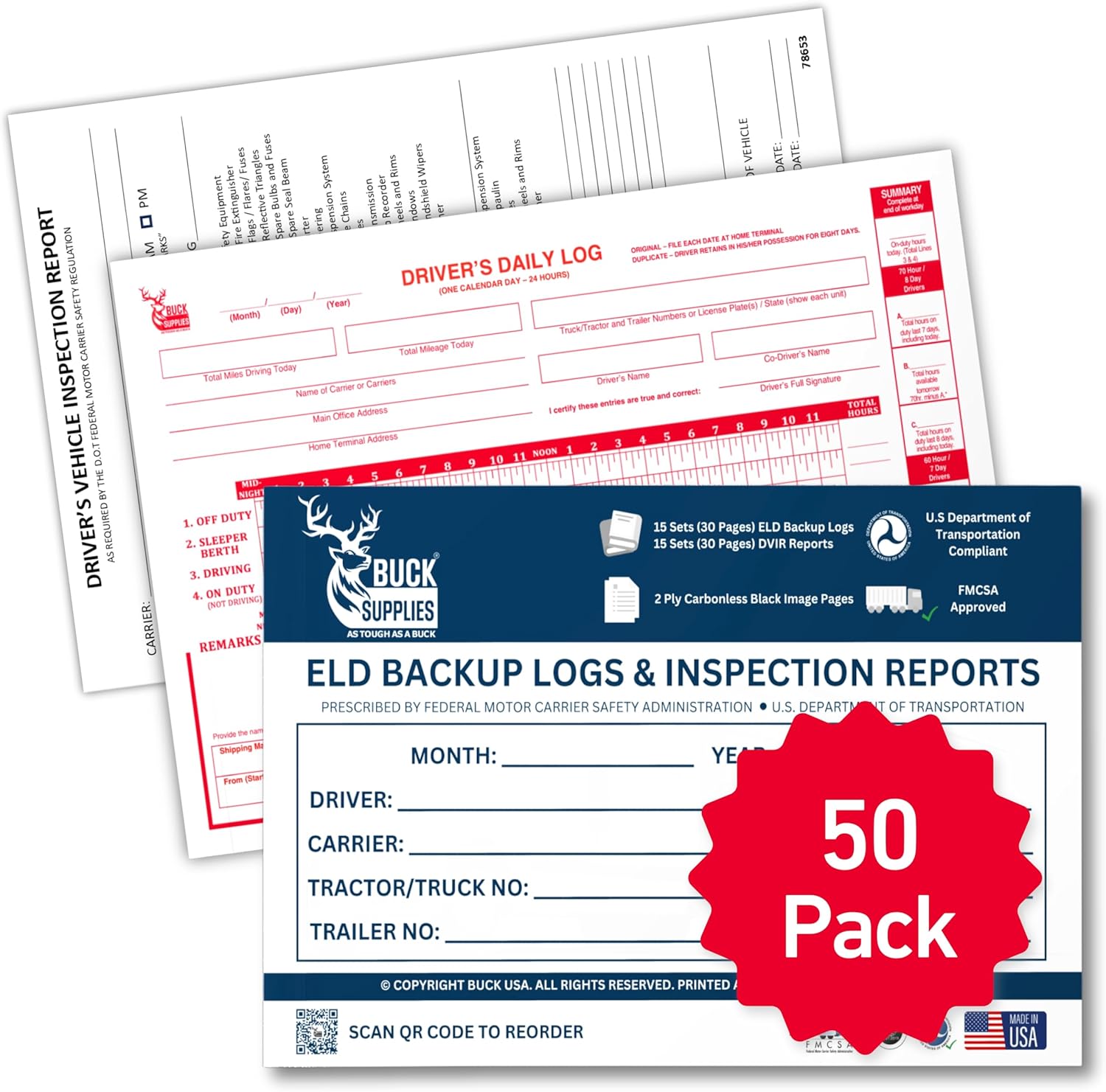 50 Pack ELD Backup Driver Log Books for Truck Drivers with Detailed Driver Vehicle Inspection Report & Daily Recap - 15 Sets of Forms, 2-Ply Carbonless, 5.5