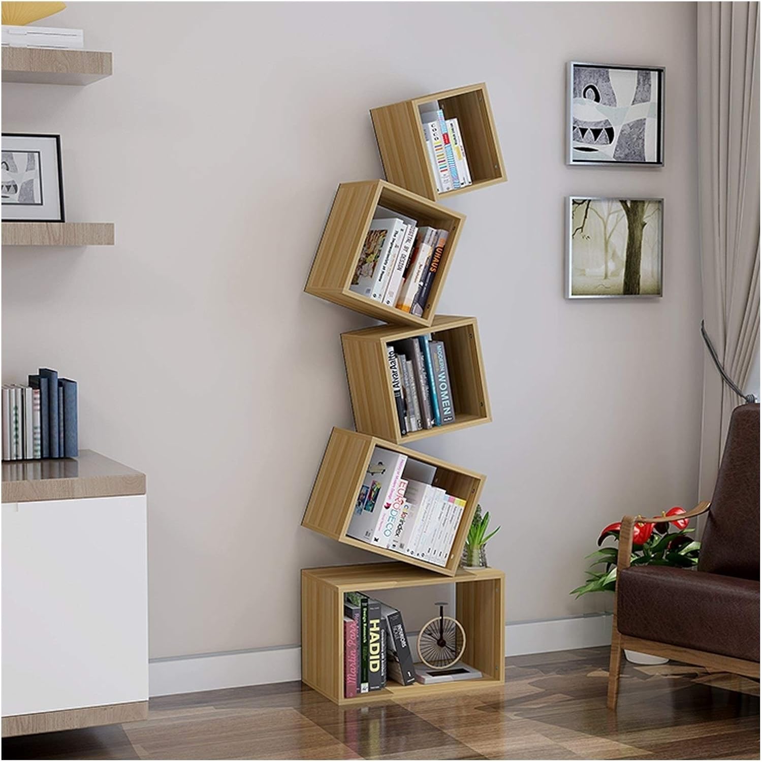 BINGQIAN Standing Bookcase 5-Tier Geometric Bookshelf Creativity Stacked Square Book Shelf Bookcase Home Office Storage Shelves Display Shelf Modern Organizer Desktop Book Stand(B)