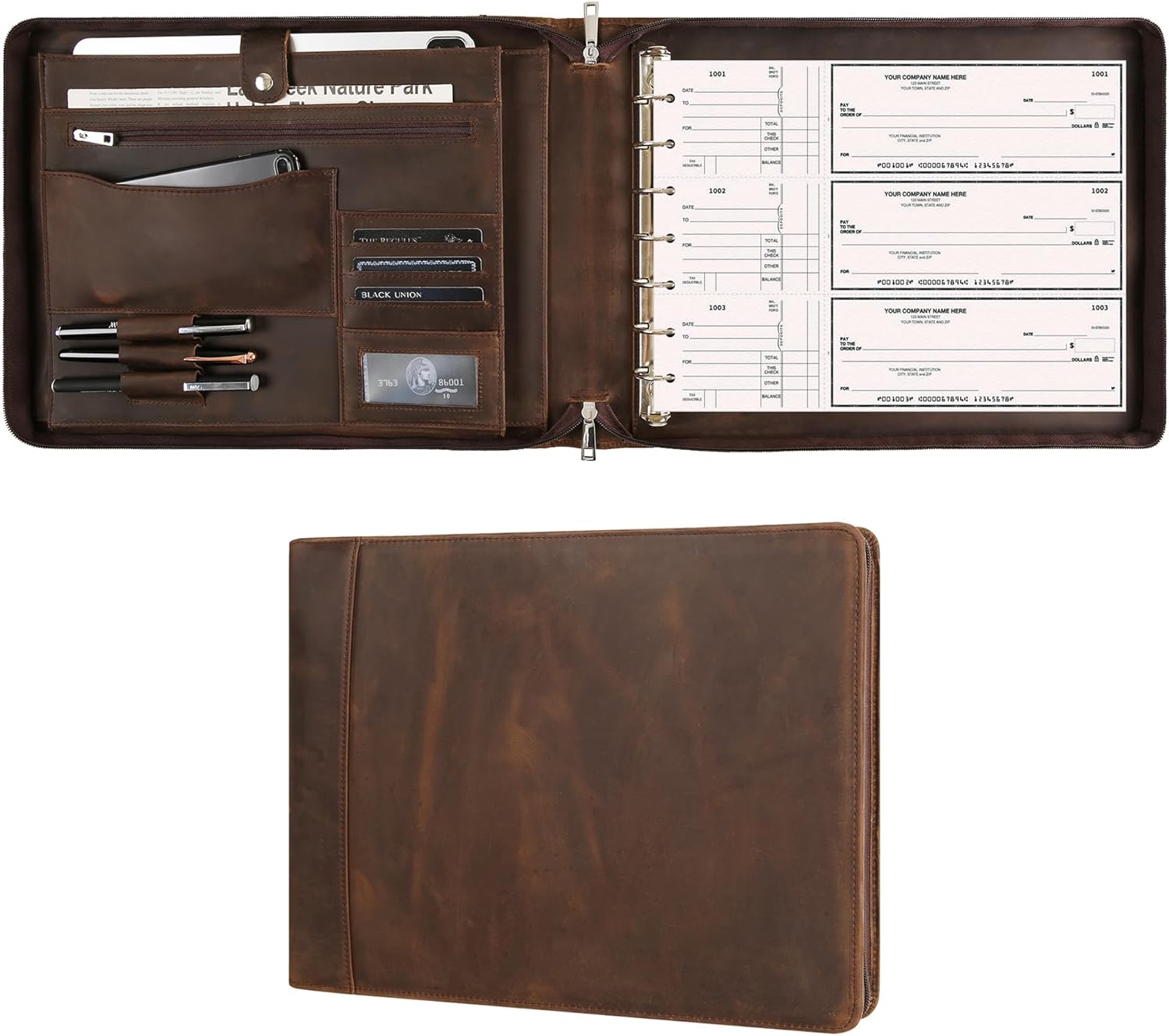 Leather Business Checkbook Binder - 7 Ring Zippered Binder with Check Book Holder for 3 Per Page, 600 Checks Capacity for 9 x 13 inch Sheets, Dark Khaki
