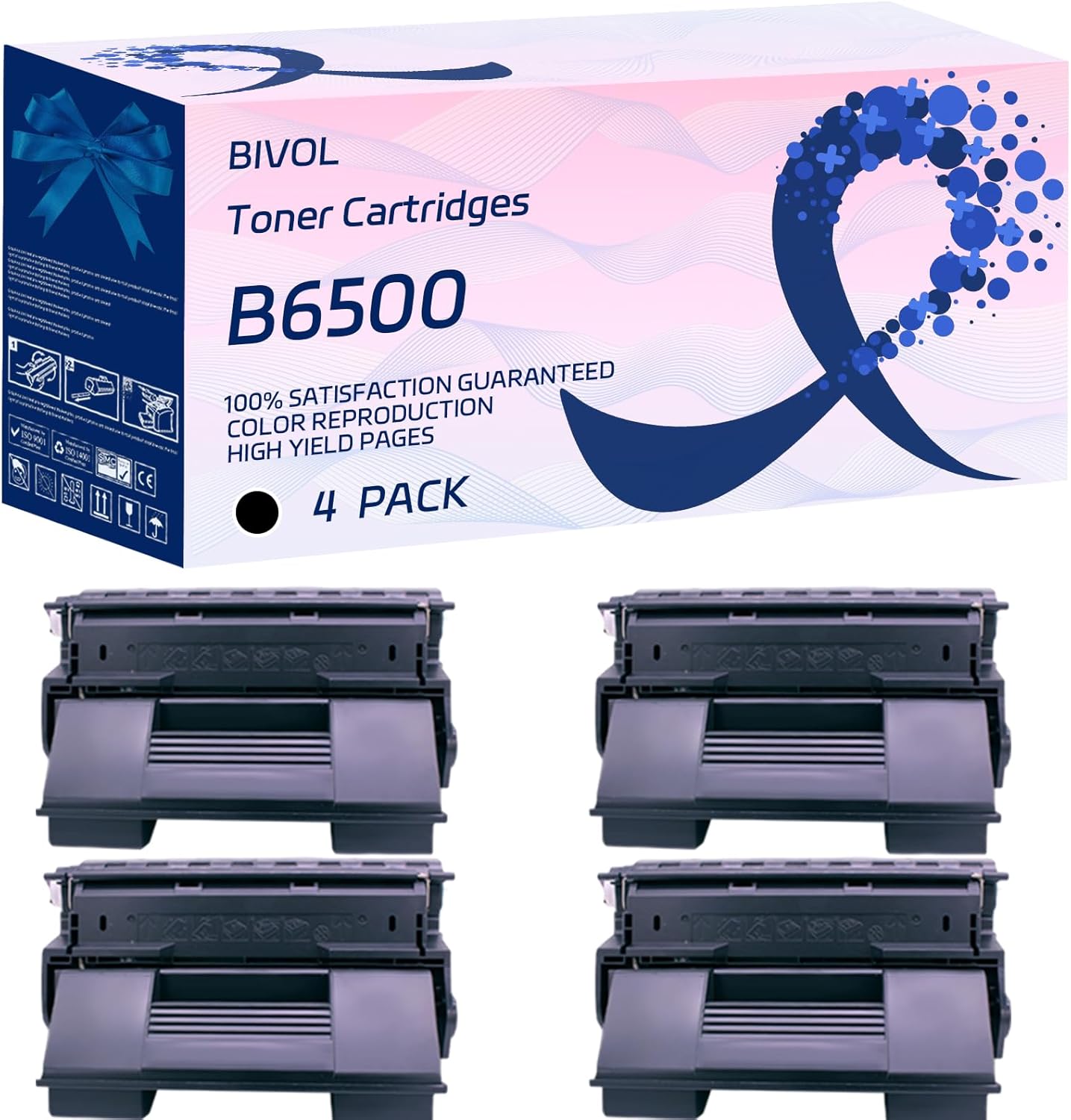 BIVOL B6500 Toner Cartridges Compatible for Okidata OKI B6500 6500n 6500dtn Printers, with Chip, High Yield 23000 Pages, Vivid Colors (4 Pack Black)