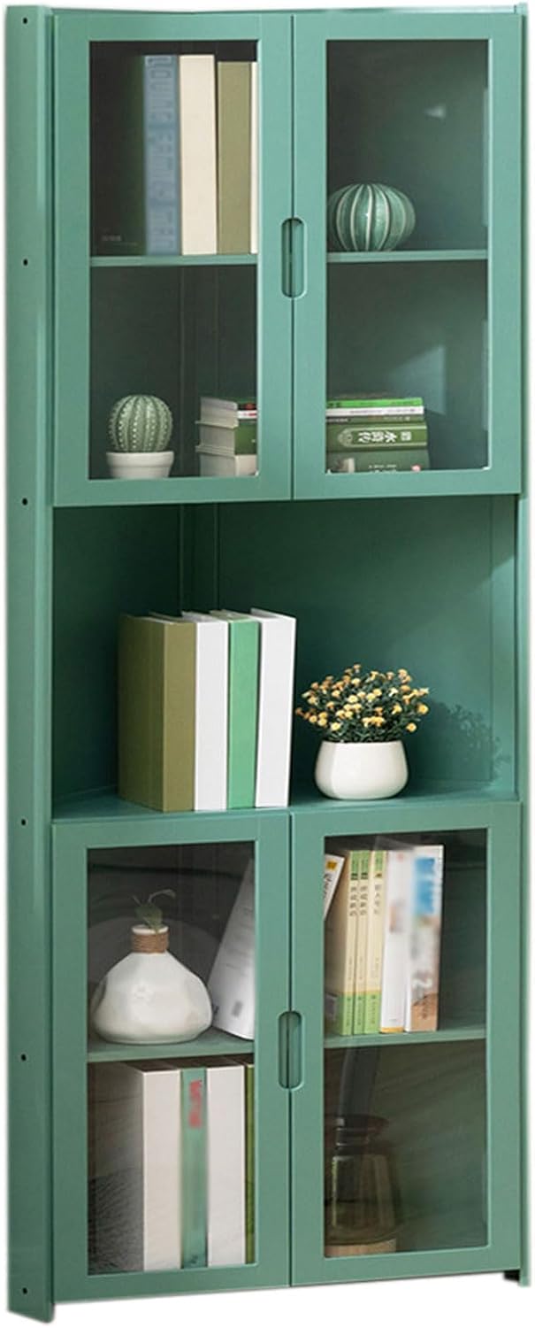 HUHJYUGE Bamboo Corner Bookcase, 3/4/5-Tier Corner Bookshelf, Bookshelf with Doors Glass, Mid Century Modern Corner Bookshelf Free Standing, for Living Room, Bedroom, Home Office, Kitchen (B 5 Tier)