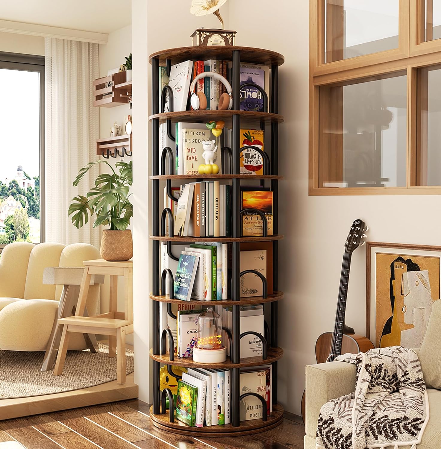 Aheaplus 6 Tier Rotating Bookshelf Tower, Revolving Bookcase, 360° Round Spinning Book Shelf, Narrow Swivel Bookshelves Vertical Turning Corner Bookshelf Organizer for Small Space, Rustic Brown