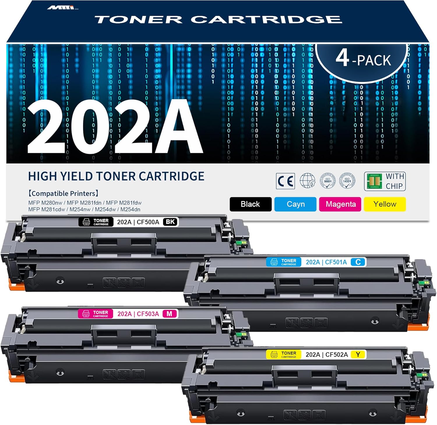 MTTL 202A Toner Cartridges 4 Pack Black Cyan Yellow Magenta M281fdw Toner Replacement for HP 202A 202X CF500A CF501A CF502A CF503A Color Pro M254dw; MFP M281cdw Printer Toner