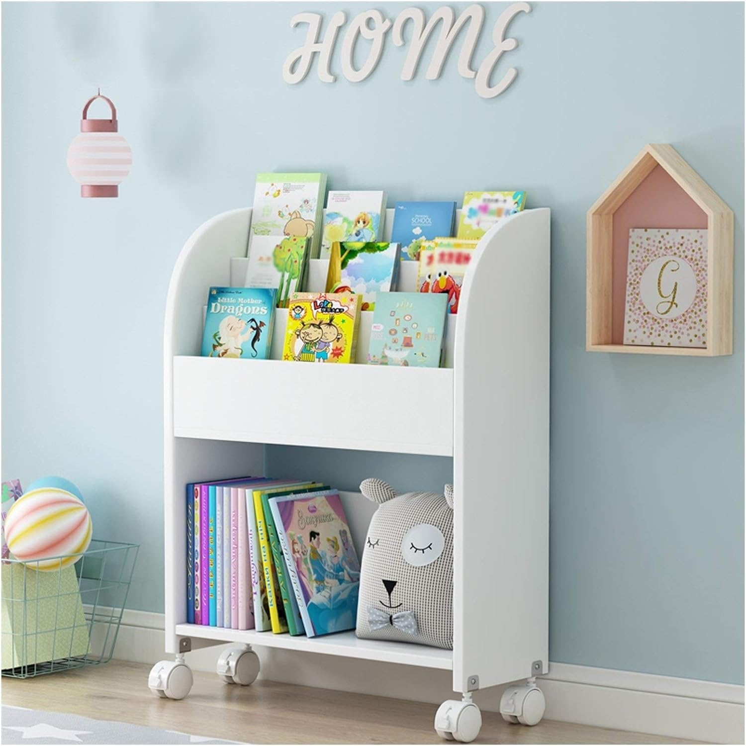 NERDOH Book Shelf Organizer Children's Bookshelf Wood Book Cart Library Cart Shelving Storage Unit with Wheel Casters for Living Room Bedroom and Home Office Bookshelf (Color : B)