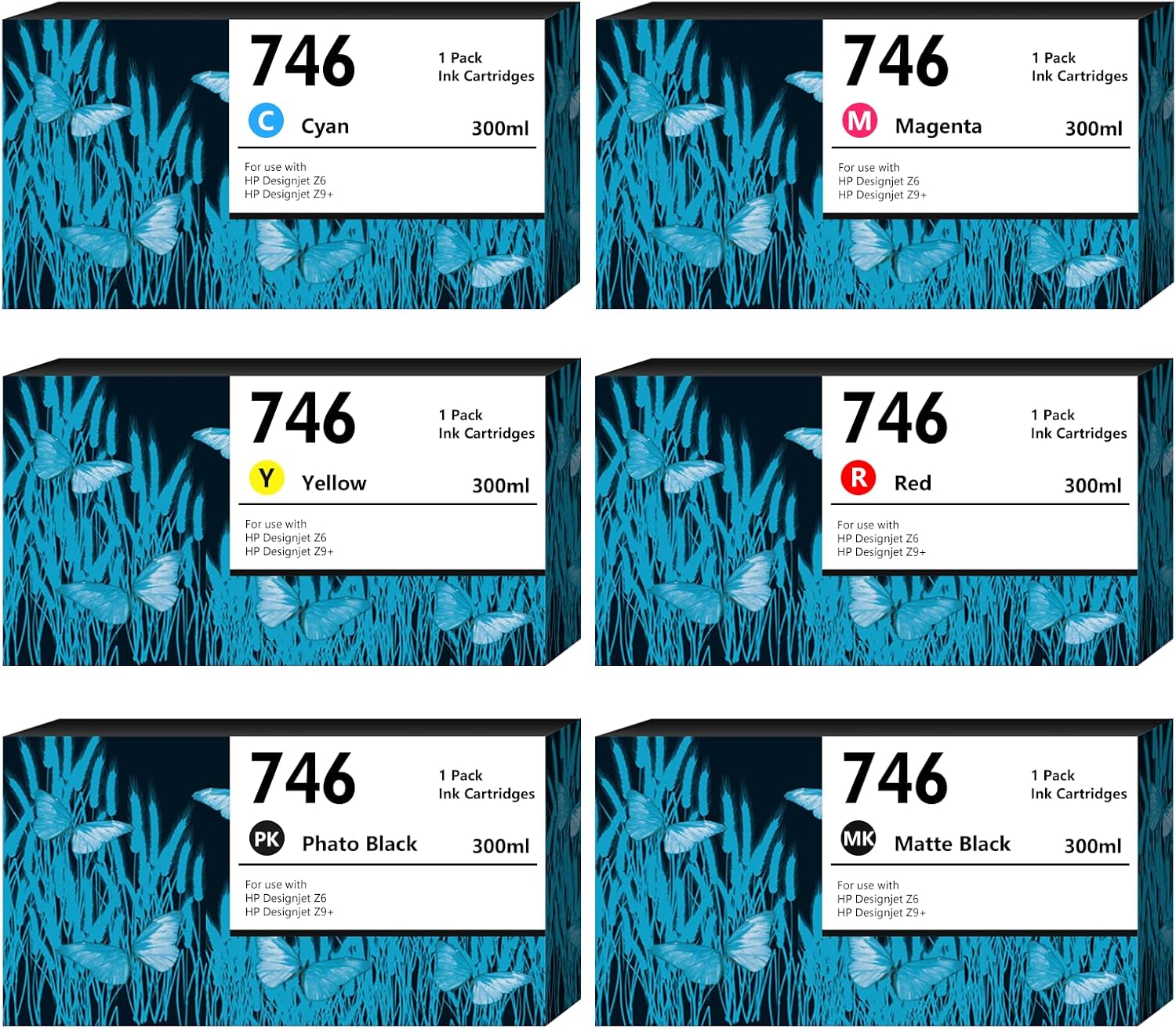 746XL Ink Cartridges 6-Pack (300-ml Matte Black/Cyan/Magenta/Yellow) Compatible with HP 746 746XL Ink Cartridge Replacement for HP Designjet Z6, Designjet Z9+