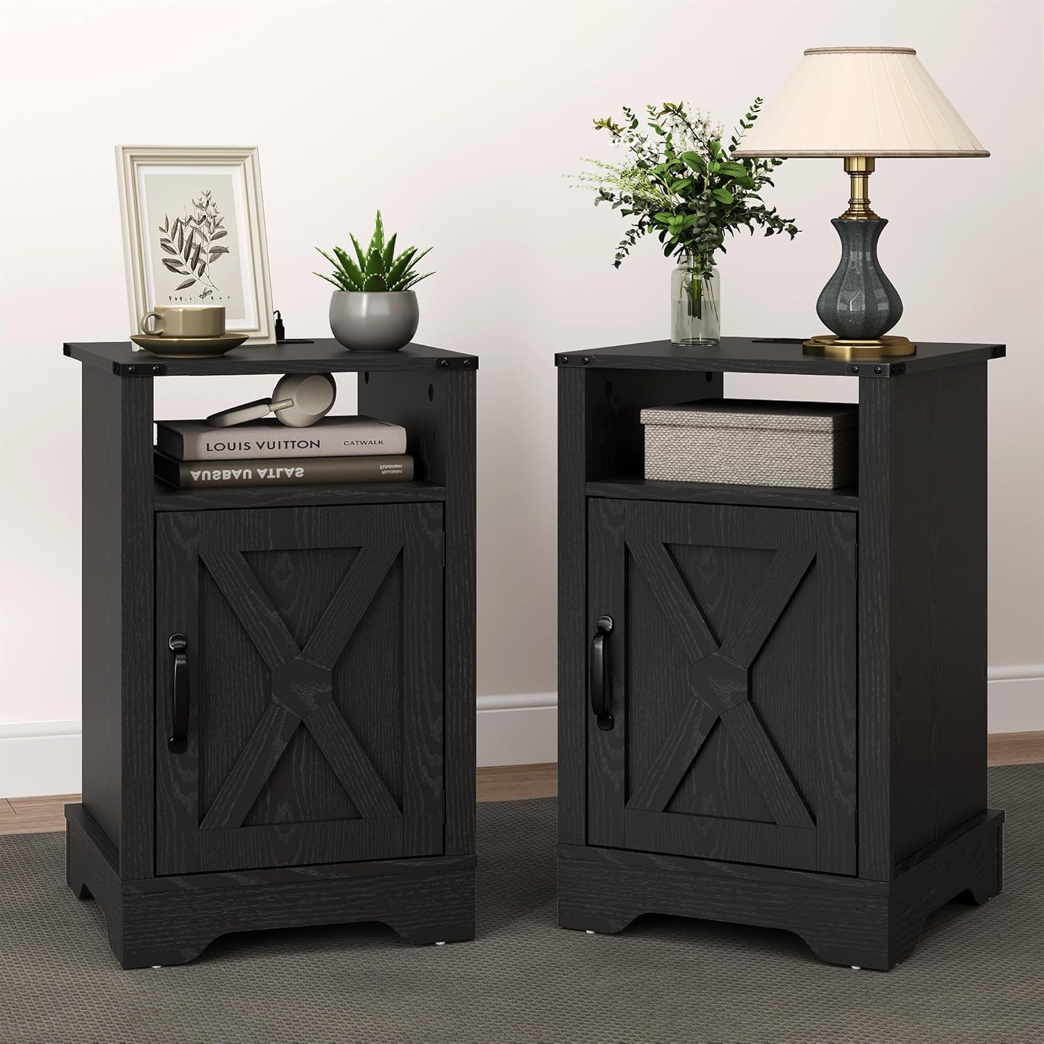 RoyalCraft Nightstand Set of 2, Black End Table with Charging Station, Wooden End Table, Rustic Night Stand with Storage Cabinet and Shelf, Tall Bedside Table for Bedroom, Home Office, Black