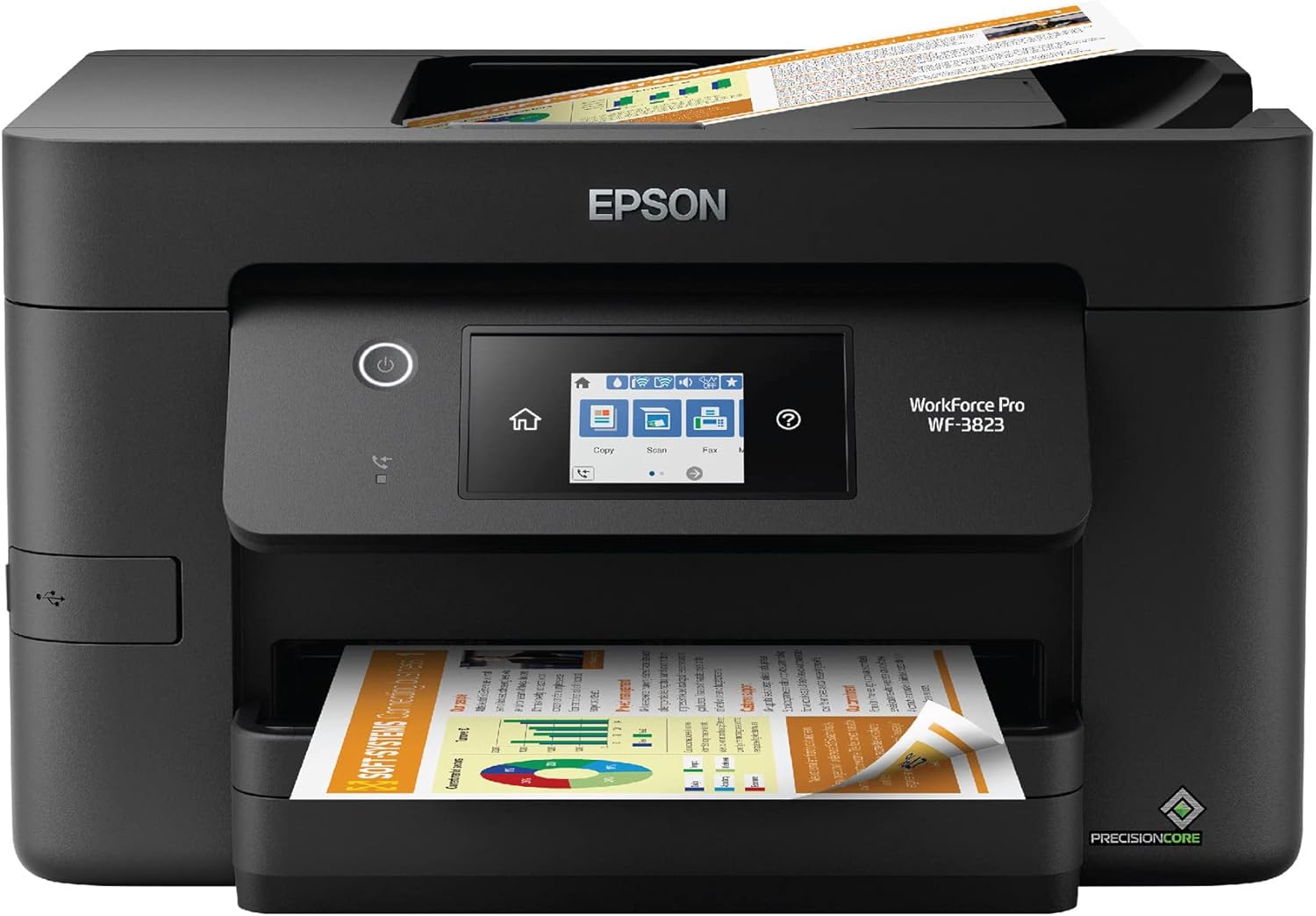 Epson Workforce Pro WF-3823 Wireless Color All-in-One Inkjet Printer, Black - Print Scan Copy Fax - 2.7