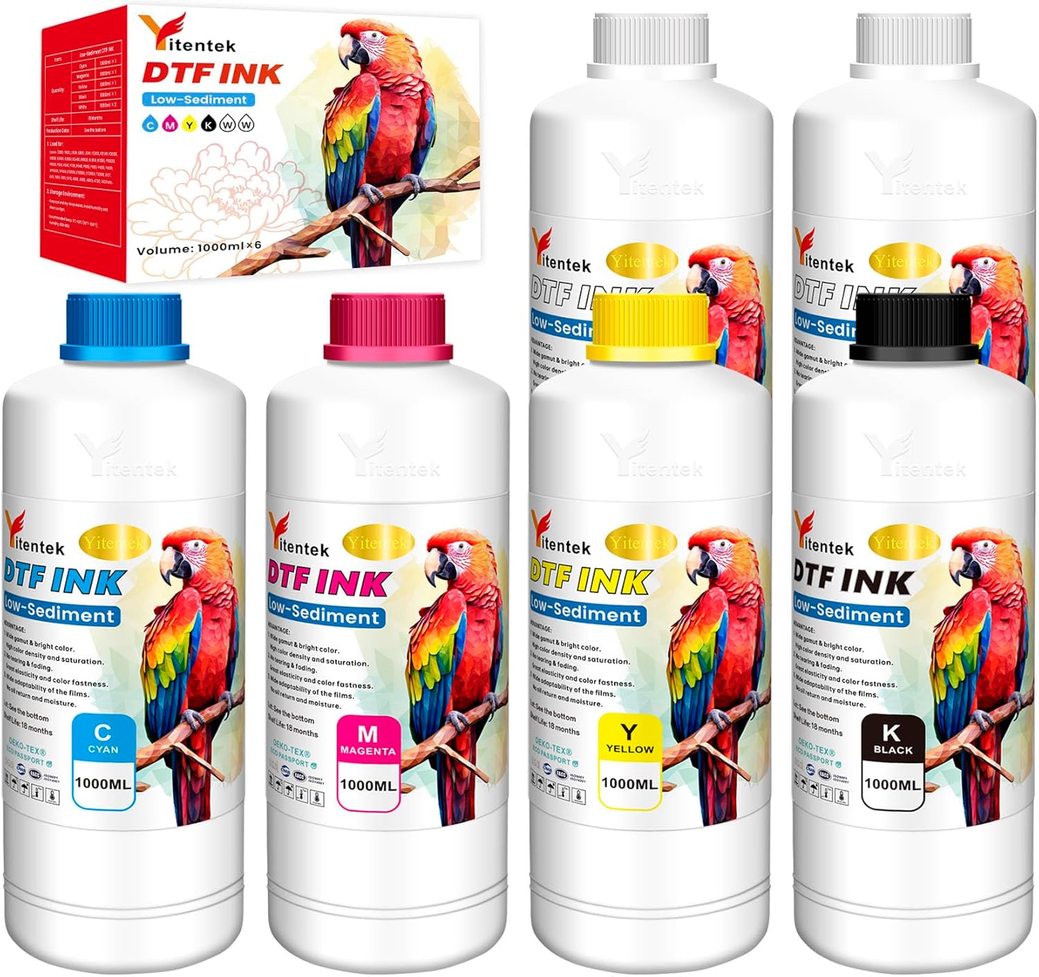 Yitentek Low-Sediment DTF Ink 6000ML DTF Transfer Ink for PET Film Pigment Ink Refill for P600 P800 DX5 XP600 4720 i3200 i1600 5113. High Fluidity, Whiteness & Coverage, (1000ml x 6, 2Wh+CMYK)