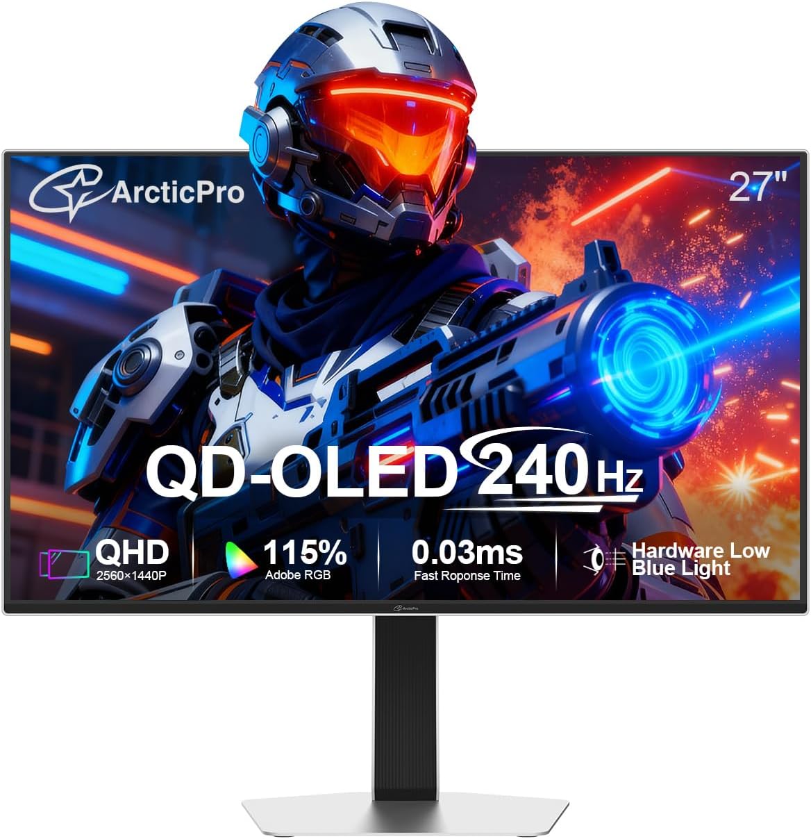 ArcticPro 27inch QD-OLED Gaming Monitor, 240Hz, 0.03ms(GtG), QHD 2560x1440p, 145% sRGB, Height Adjustable Vertical/Horizontal Rotating, Eye-Care, HDMI*2, DP*2, Speakers*2, 1500000:1 Contrast, White