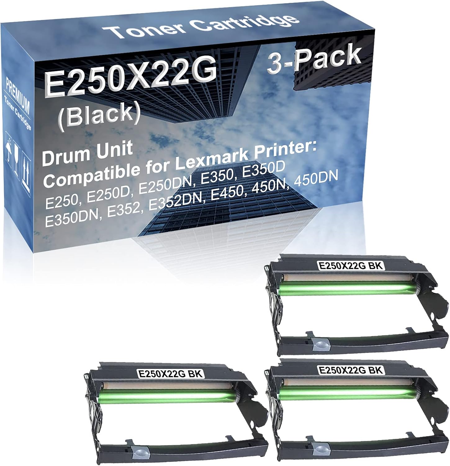 3-Pack Compatible E250X22G Drum Kit use for Lexmark E250, E250D, E250DN, E350 Printer (Black)