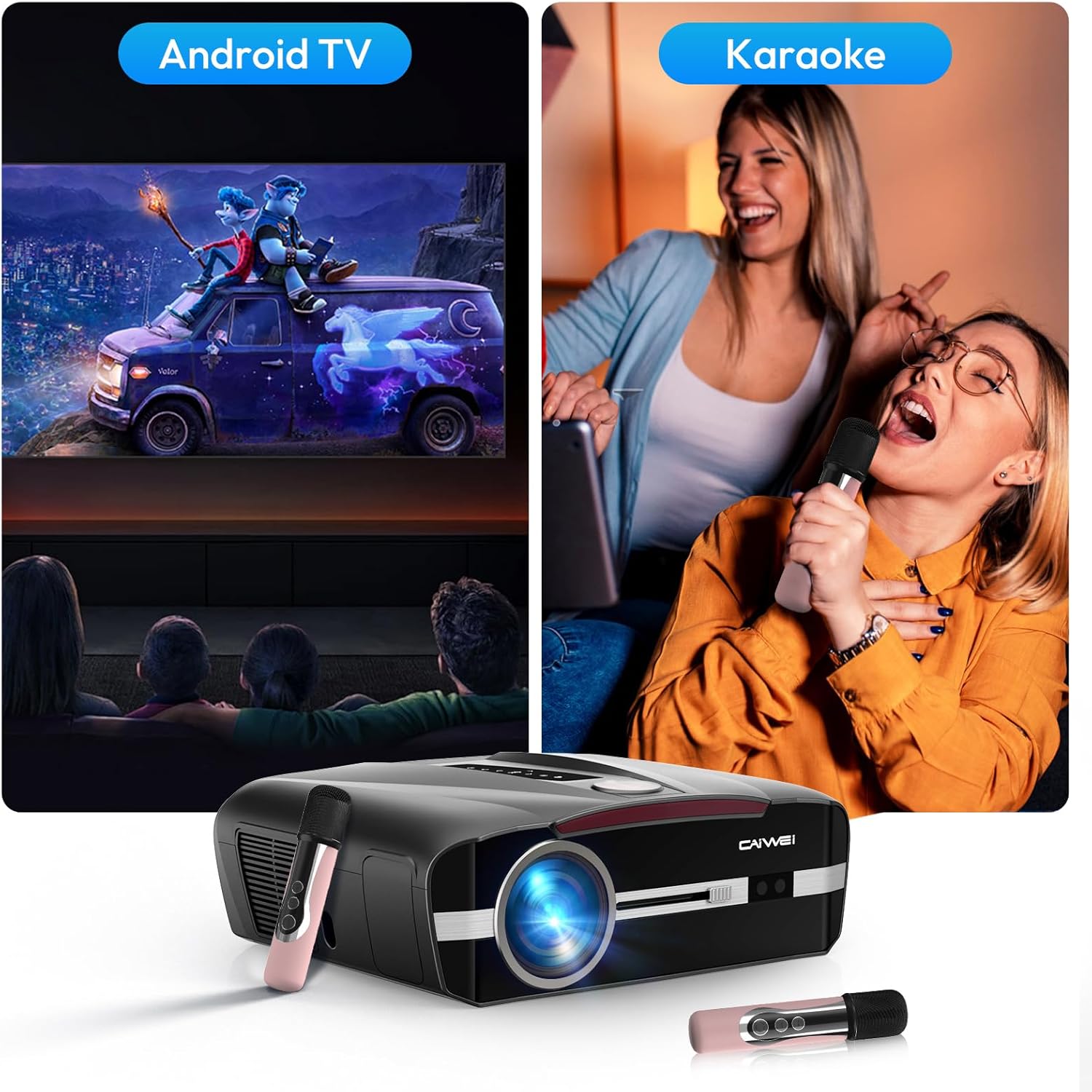 Smart Daylight Projector 2300 ANSI Lumen with WIFI6 Android TV & Auto Focus, 4K Support Home Theater Proyector Indoor Outdoor Movie Gaming Karaoke, Bluetooth 5.2 DSP Speaker Ceiling HDMI/USB/Phone/PC